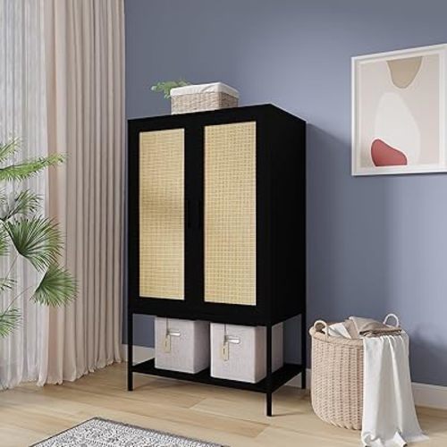 Wardrobe Closet with 2 Doors，Rattan Bedroom Armoires with Hanging Rod Freestanding Wooden Wardrobe Cabinet with Shelves,Black