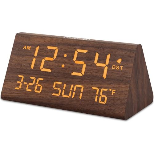 DreamSky Digital Alarm Clock for Bedrooms - Wooden Desk Clock with Date | Day of Week, USB Port, Temperature, Dimmer for Bedside Table, Living Room, Office, Adjustable Volume, Auto DST, Wood Decor