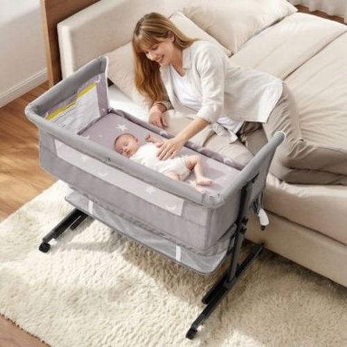 Kmaier Baby Bassinet Foldable Portable Bedside Crib,Storage Basket Breathable Mesh,Grey