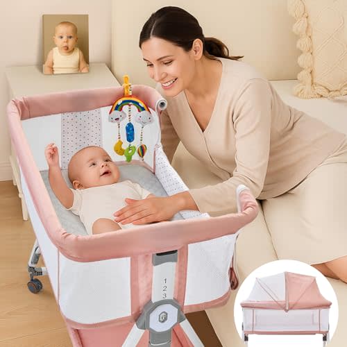 4-in-1 Baby Bassinet with Wheels, 6 Height Settings, Pink | Opening Side Panel, Breathable Mesh Sides, Lockable Wheels, Removable Mosquito Net, Quilted Fabric Pad, Storage Basket