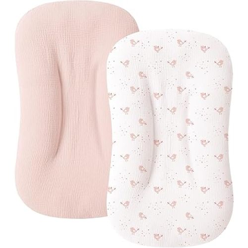 Muslin Baby Lounger Cover for Newborn & Infant, 100% Cotton Soft and Breathable Lounger Slipcover for Baby Girls and Boys, Pack of 2 (Pink Blossom)