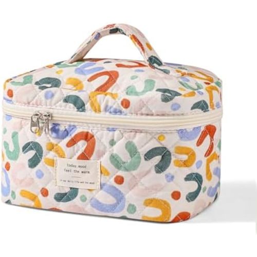 uekeboag Large Travel Quilted Makeup Bag for Women, Floral Cotton Cosmetic Bag, Coquette Aesthetic Floral Toiletry Organizer Bag
