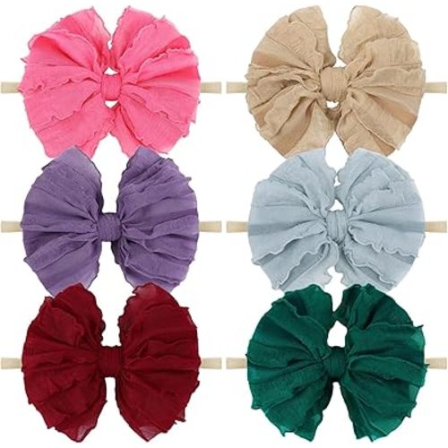YanJie Girls Newborn Ruffled Lace Headbands - Soft Nylon Elastics, Handmade Hairbands and Accessories for Infants and Toddlers (Khaki, Wine Red, Rose, Blue, Purple)