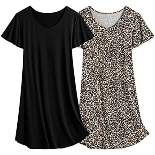 Ekouaer 2 Pack Women's Nightgown Short Sleeve Nightshirts Comfy Soft Pajama Sleep Dress