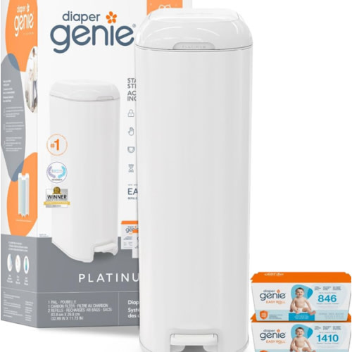 Diaper Genie Platinum Pail Gift Set, Lily White, Made of Durable Stainless Steel and Includes 2 Easy Roll Refills with 18 Bags and 30 Bags