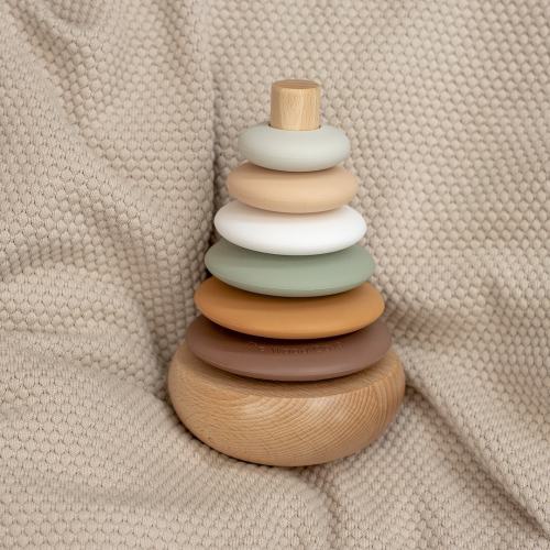 Silicone + Wood Rocking Ring Stacking Toy (Woodland)