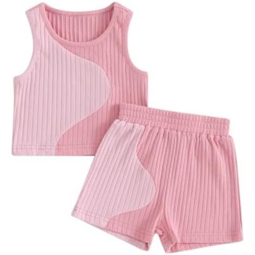 Kupretty Baby Girl Clothes Summer Toddler Outfit Color Block Knit Vest Tank Tops & Shorts Cute Clothing Sets
