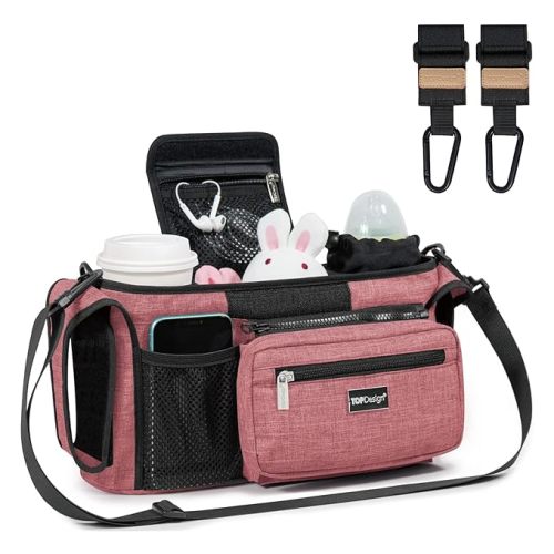 TOPDesign Universal Baby Stroller Organizer, Stroller Caddy with Heightened Insulated Cup Holders & Non-Slip Secure Hooks Accessories, Fits Most Strollers, Machine Washable (Red) - Basic