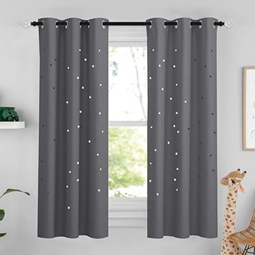 NICETOWN Grey Star Blackout Curtains for Kid's Bedroom Grommet Thermal Insulated Room Darkening Printed Curtains for Living Room Baby Nursery, 1 Piece, 42 x 63 Inch