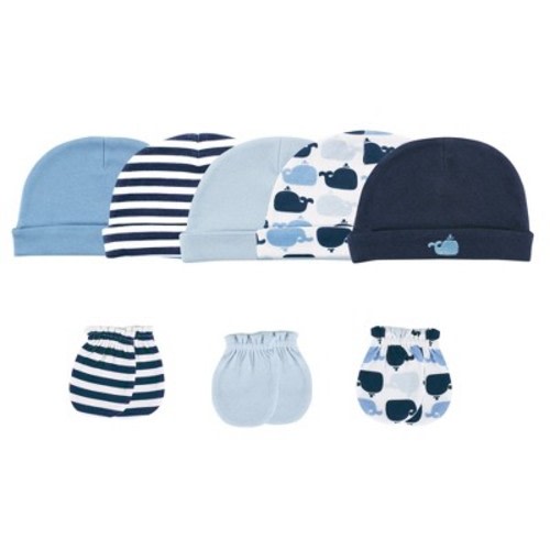 Luvable Friends Baby Boy Cotton Caps and Scratch Mittens 8pk, Whale, 0-6 Months