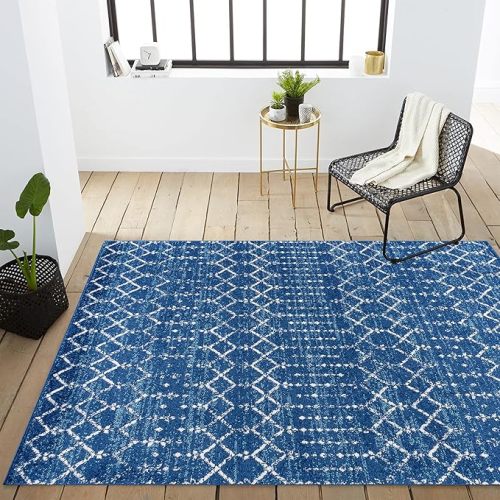 JONATHAN Y Boho Vintage Diamond Blue/White Indoor Area Rug 8X10 ft, Moroccan Hype for Living Room, Bedroom, Kitchen, Office, Easy-Cleaning, High Traffic, Pet-Friendly, Non-Shedding (MOH101A-8)