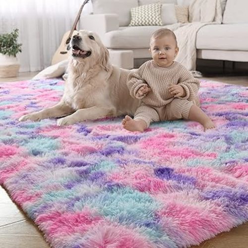 LOCHAS Luxury Fluffy Rainbow Area Rug for Girls Bedroom 5x8, Soft Fuzzy Kids Rugs for Bedroom Boys Playroom, Cute Colorful Tie Dye Princess Carpet for Nursery Living Room Home Decor, Pink/Purple