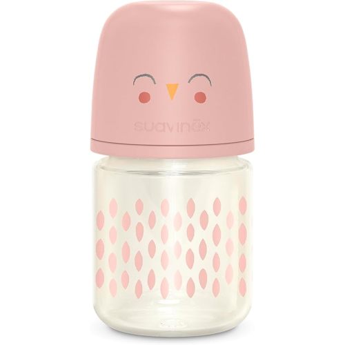 Suavinex Bonhomia Glass Baby Bottle with SX PRO Silicone Nipple, Anti Colic Baby Bottles, Baby Bottles for Breastfed Babies, Slow Flow, 0mo, 4oz, Pink