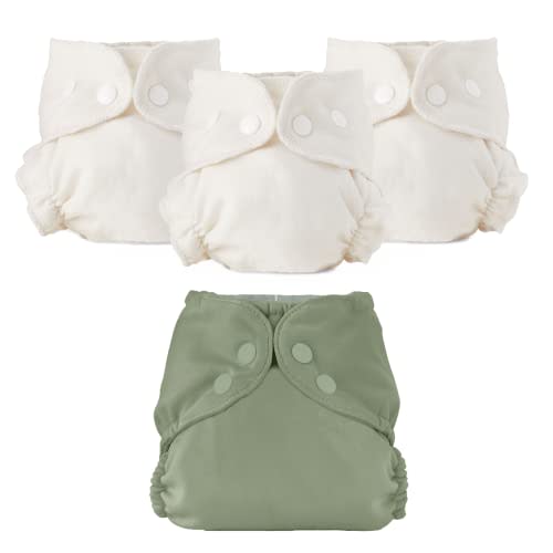 Esembly Cloth Diaper Bundle Set, 3 Organic Absorbent Inners and 1 Waterproof Recycled Diaper Cover, Reusable Washable Diapers with Snap Closure, Size 1 (7-17lbs), Aloe
