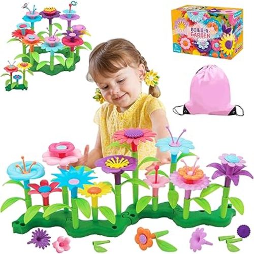 FLYINGSEEDS 46 PCS Flower Garden Building Toys for Girls, STEM Toy Gardening Pretend Play Set for Kids, Girls Favor Stacking Game for Toddlers, Preschooler Age 3 4 5 6 7 8 Year Old