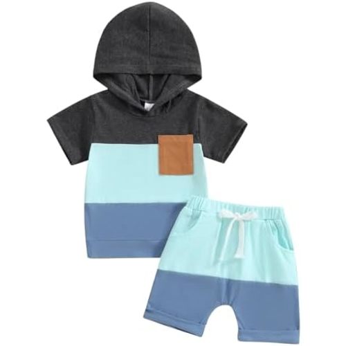 Toddler Baby Boy Summer Hooded Outfit Contrast Color Short Sleeve T Shirt Top Elastic Shorts Summer Clothes Set