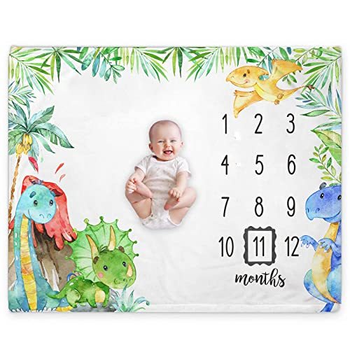 Popfavors Dinosaur Baby Monthly Milestone Blanket,Dinosaur Baby Growth Chart Milestone Blanket,Newborn Month Blanket for Boy and Girl,Includes Marker (50 inch x40 inch )