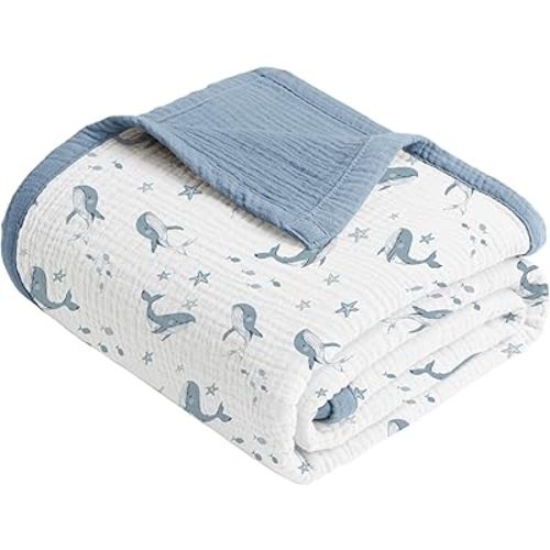 Konssy Muslin Baby Blankets, 100% Cotton Quilt Blankets for Baby Infant Toddler, Soft and Lightweight Nursery Crib Blanket for Baby Boys and Girls 43"x40" (Blue Whale)