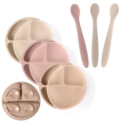 WeeSprout 3 Suction Plates with Lids & 3 Soft-Tip Spoons Bundle - Complete Mealtime Set - Silicone Baby Dinnerware - Divided Toddler Plates - Microwave & Dishwasher Safe