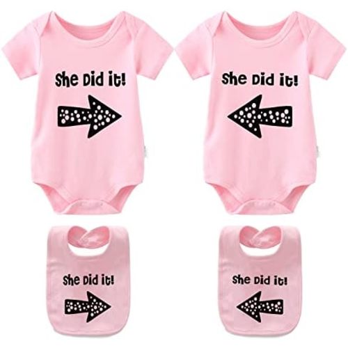 YSCULBUTOL Baby Twins Bodysuits He/She Did It Twin Outfit Girl Romper With Hat Set