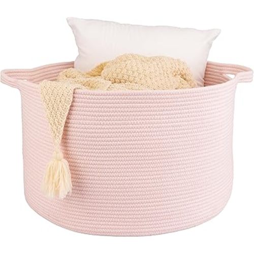 Large Cotton Rope Basket Blankets Basket Living Room 22"x14" Toy Basket for Kids and Dogs Rope Storage Basket for Nursery Woven Laundry Basket for Clothes Towels Baby Toy Storage Round pink