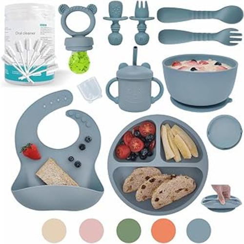 Baby Led Weaning Supplies | Silicone Baby Feeding Set Includes Suction Bowls and Plates, Baby Utensils Spoons and Forks,Cup for Toddler | Babies Eating Dishes Set 6-12 Months(Blue)