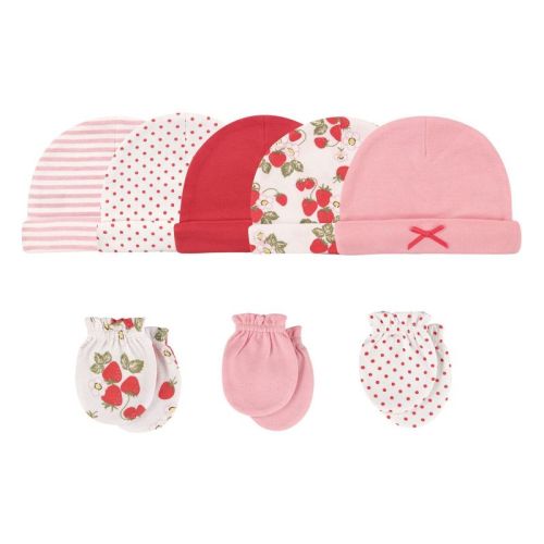 Hudson Baby Infant Girl Cotton Cap and Scratch Mitten 8pc Set, Strawberries, 0-6 Months