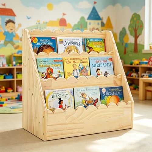 Kids Bookshelf-3-Tier Wooden Book Shelf for Kids Rooms(17.72*16.54*10.63inch),Nursery&Toddlers Montessori Bookcase with Deep Storage Pockets, Baby Book Storage,Children's Bookshelf for Nursery&Bedroom