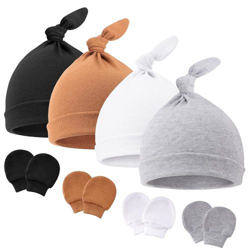 DRESHOW BQUBO Baby Newborn Hats with Scratch Mittens for Unisex Preemie Newborn Hats Hospital Hat for Boys Girls 0-6 Months