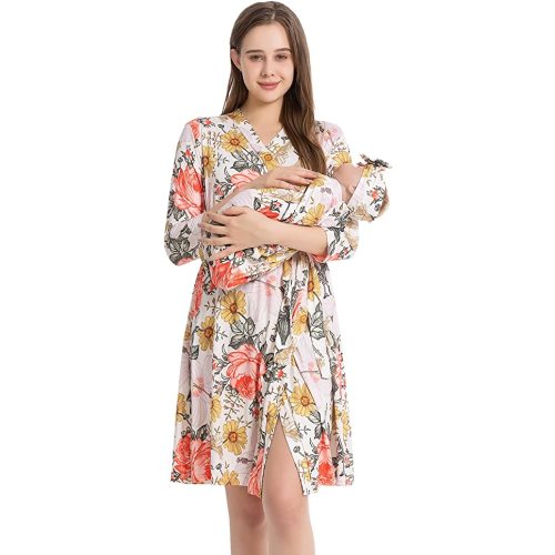 Galabloomer Maternity Robe and Baby Receiving Blanket, Matching Mommy Labor Delivery Robe and Swaddle Set Garden Flower