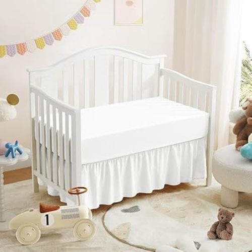 Mini Crib Ruffle Bed Skirt (24” x 38”) with 10” Inch Drop Dust Ruffle for Baby Boys or Girls Nursery Crib Toddler Bed Skirt Microfiber Fabric - White Solid
