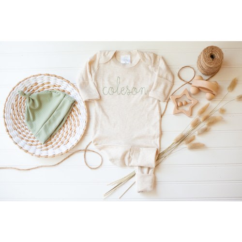 Personalized oatmeal and sage vintage stitch romper with hat, custom baby boy coming home outfit, baby shower gift custom baby name outfit