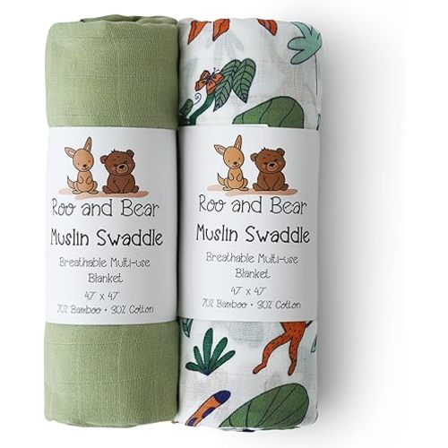 Muslin Swaddle Blankets for Newborn Baby, Buttery Soft and Breathable Receiving Blanket Bamboo Rayon and Cotton Blend, Large Size 47 x 47 Inch, 2 Pack of Green and Jungle Animals