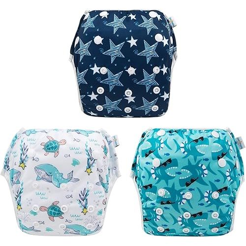 Babygoal Baby Boy and Girl Swim Diapers, Reusable Adjustable Washable One Size Fits 0-8M Baby Gifts and Swimming Lessons 3 Pack 3SD07