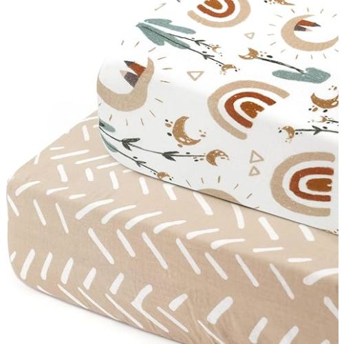 GRSSDER Soft Muslin Crib Sheet 2 Pack, 100% Cotton Crib Sheets for Boys and Girls, Fit Standard Crib Mattresses 52" x 28" Safe and Snug, Rainbow/Stripe
