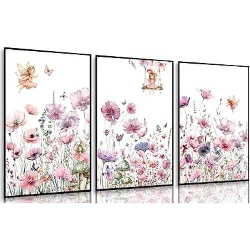 3Pcs Watercolor Wildflower Canvas Wall Art Flower Fairy Posters Prints Purple Flowers mushroom Painting Pictures Wall Decor for Living Room Bedroom Girls Room Decoration Unframed