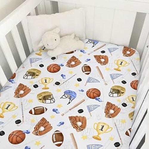 Baby Sports Baby Crib Sheet 52''x28'' American Football Baseball Basketball Stretchy Fitted Crib Mattress Cover for Boy Girl Sports Lovers Gift Soft Baby Sheets for Standard Crib Toddler Mattress
