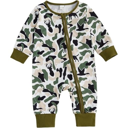 Newborn Baby Boy Fall Outfit Camouflage Long Sleeve Zipper Romper Jumpsuit Infant One Piece Hunting Clothes
