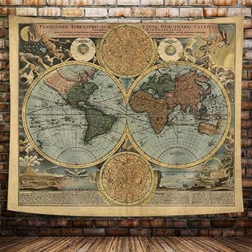 Vintage World Map Tapestry, Antique Old Nautical Map of the World Wall Art, Historical Atlas Geography Retro Wanderlust Pirate Tapestry Wall Hanging for Bedroom Living Room Dorm, 90X70in, Brown Tan