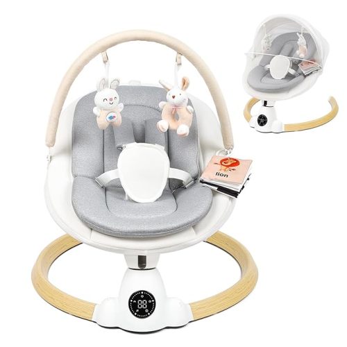 Baby Swing for Infants, Portable Electric Baby Swings with Bluetooth, 5 Swing Speed, 10 Lullabies, 5-Point Harness, Remote Control & Touch Panel - Infant Swing for Indoor & Outdoor Use, Wood Grain