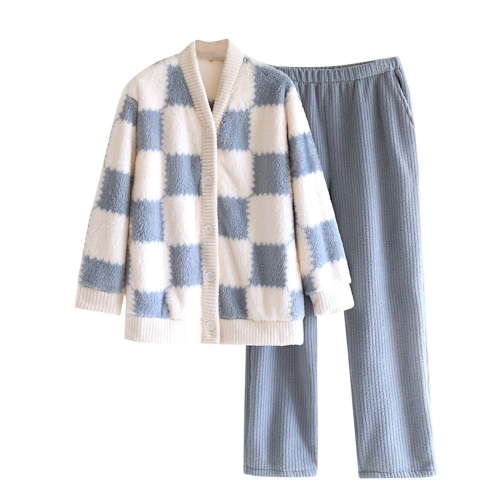 Tnhcen Women's Cute Plaid Fluffy Sleepwear Set - Thermal Winter Top with Ribbed Trim, Elastic Waist Pants with Side Pockets Plus Size M-2XL Pajamas Set