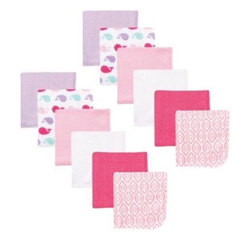 Luvable Friends Baby Girl Cotton Rich Washcloths, Girl Whale, One Size