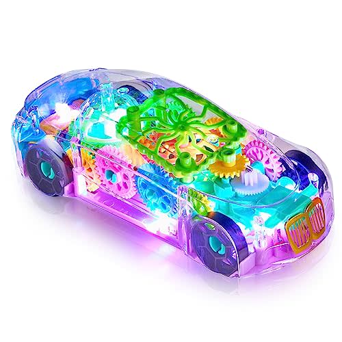 Playbees Light-Up Transparent Car Toy, Toys for Autistic Kids Ages 3-5 Sensory Toy for Kids with Autism Special Needs Toys, Bump and Go Toys for Toddlers Music and LED Effects Great Gift Idea