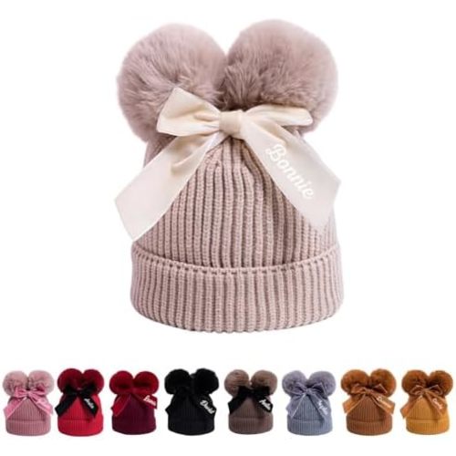 Custom Baby Winter Beanie Hat with Bow, Double Pom Pom Beanies Cap, Customized Warm Toddler Boys Girls Knit Hats