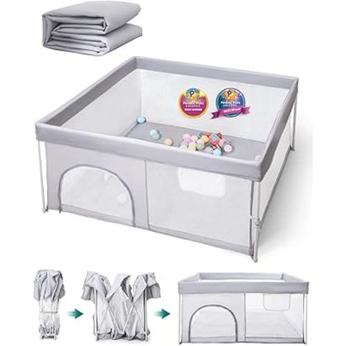 BABELIO Foldable Baby Playpen with Mat, 46" × 46" Portable Playard for Babies and Toddlers, Parents' Picks Awards Winner, Indoor & Outdoor Kids Safety Play Pen Area, Travel Fence, Grey