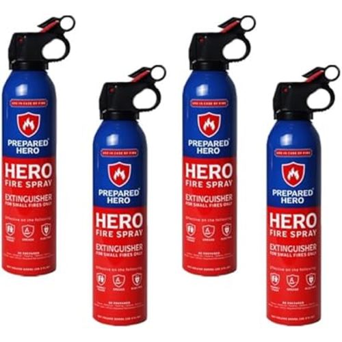 Prepared Hero Fire Spray - Mini Fire Extinguishers for House, Car, Garage - Kitchen Small Fire Extinguisher for Home, Made in USA, 100% Organic - Compact, Portable & Easy to Use, Non-Toxic - 4 Pack