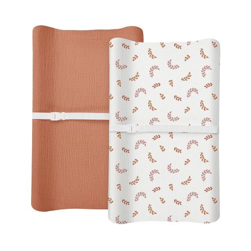 Changing Pad Cover for Baby Boy Girl 2 Pack, Muslin Changing Table Pad Covers with Boho Style, Neutral Nursery Bedding Essentials Soft and Breathable(Brick & Leaf)