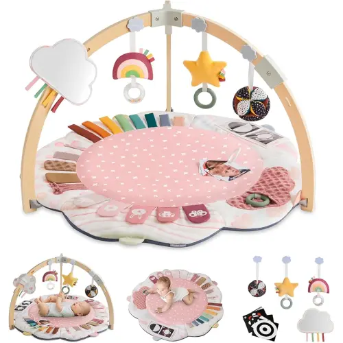 Blissful Diary Baby Play Gym & Activity Mat, 5 Developmental Zones Wooden Tummy Time Mat with 5 Detachable Sensory Toys for Motor Skills & Sensory Development, Baby Essentials Shower Gift, Pink Flower