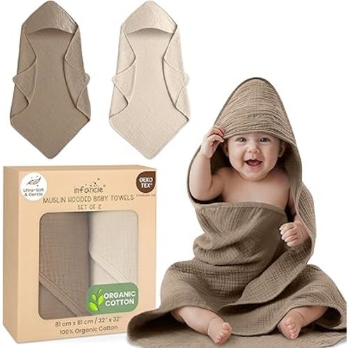 Organic Cotton Muslin Baby Hooded Towels - 32x32 Inch, 2 Pack Newborn Bath Towels for Boys & Girls, Soft & Absorbent Bath Set (Olive/Ivory)