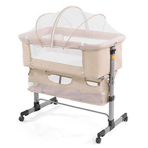 nordmiex 3in1 Bedside Crib for Girl or Boy, Bedside Sleeper for Baby Portable and Adjustable Crib with Mosquito net for Newborn Baby,Deep Khaki